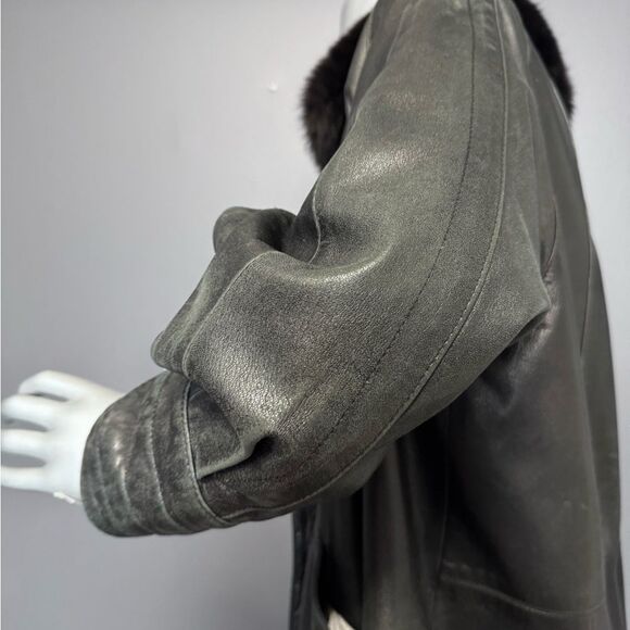 Black Leather Fur-Trim Trench Coat W/ Gold Buttons - Picture 11 of 15